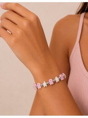 Pink Ribbon & White Turtle Beaded Stretch Bracelet
